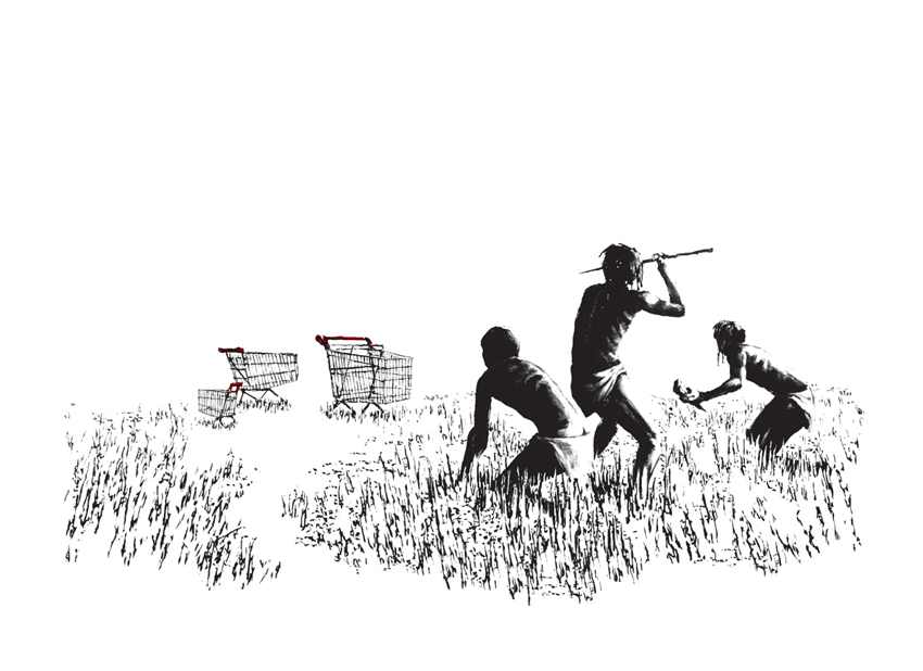 20091118we-banksy-hunters-shopping-carts-tribal-grass